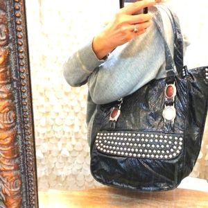 OFFICE Tote Bag Laptop Tote, Studded Shiny Bling BLACK Shoulder Bag Weekend Tote